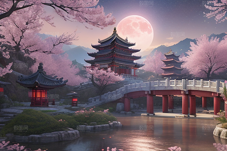清澈桃花仙境中的明亮神话