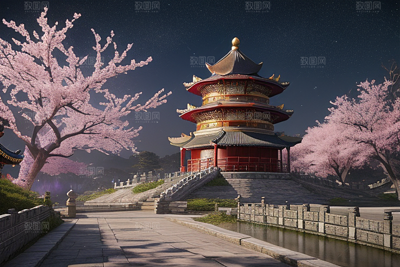 清澈桃花仙境中的明亮神话