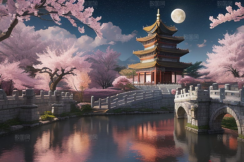 清澈桃花仙境中的明亮神话