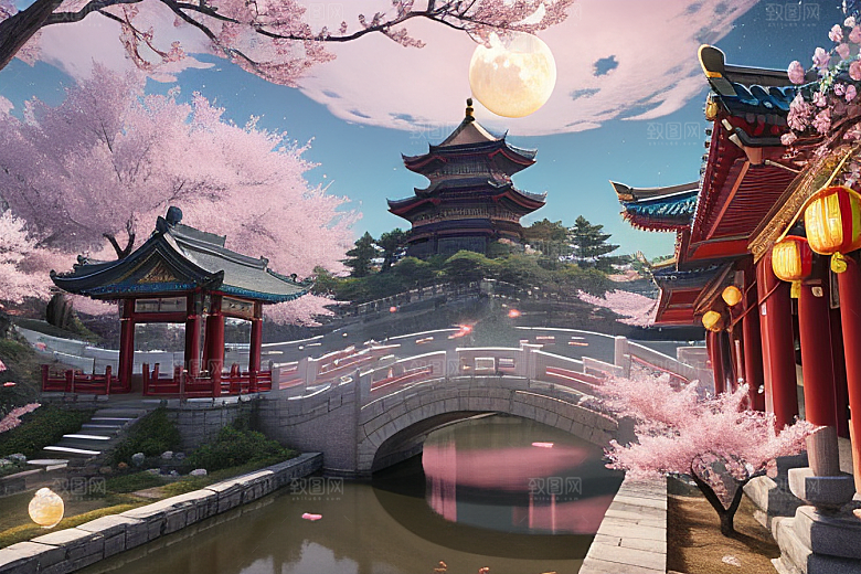 清澈桃花仙境中的明亮神话