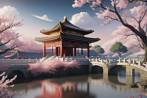 神话仙境绽放的桃花在明亮世界