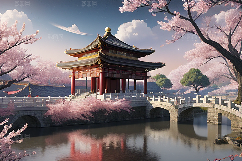 神话仙境绽放的桃花在明亮世界