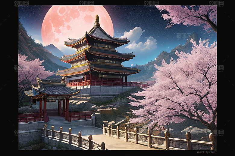 神话仙境绽放的桃花在明亮世界