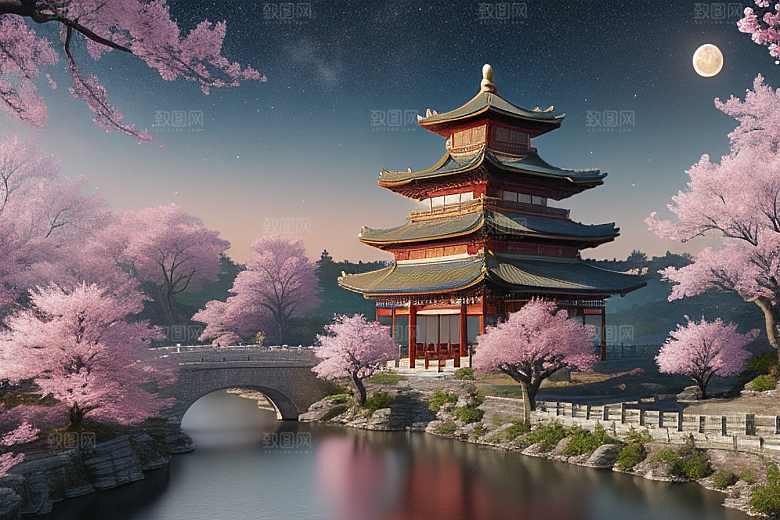神话仙境绽放的桃花在明亮世界