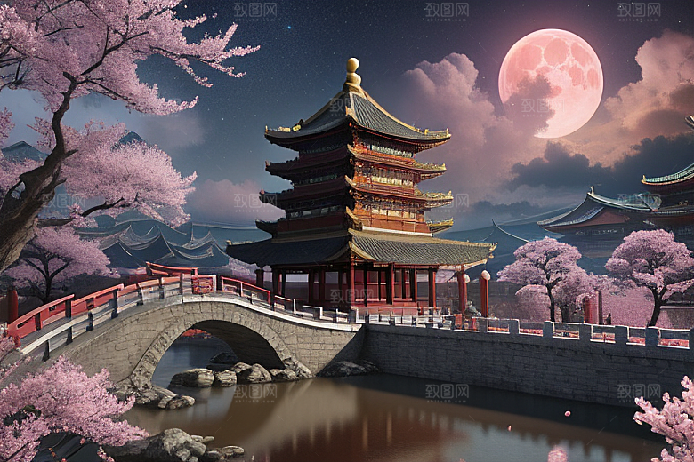 神话仙境绽放的桃花在明亮世界
