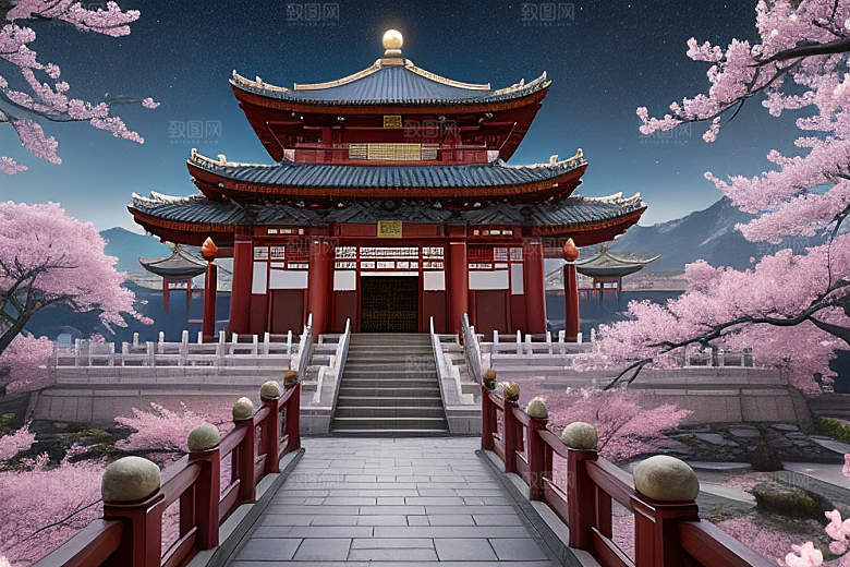 神话仙境绽放的桃花在明亮世界