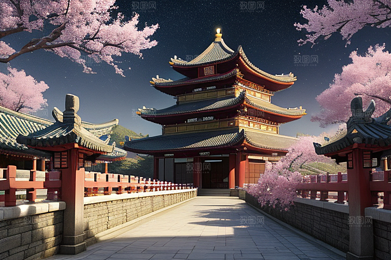 神话仙境绽放的桃花在明亮世界