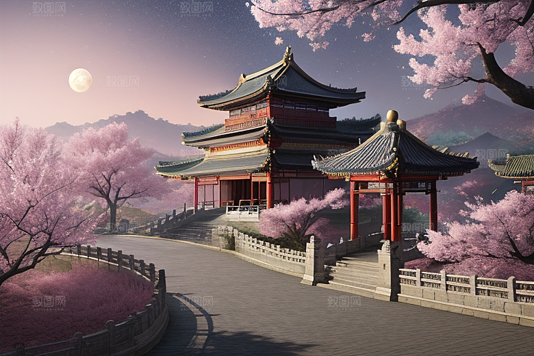 神话仙境绽放的桃花在明亮世界