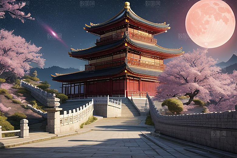神话仙境绽放的桃花在明亮世界