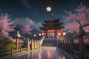 神话仙境绽放的桃花在明亮世界