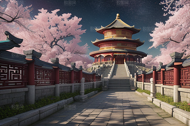 神话仙境绽放的桃花在明亮世界