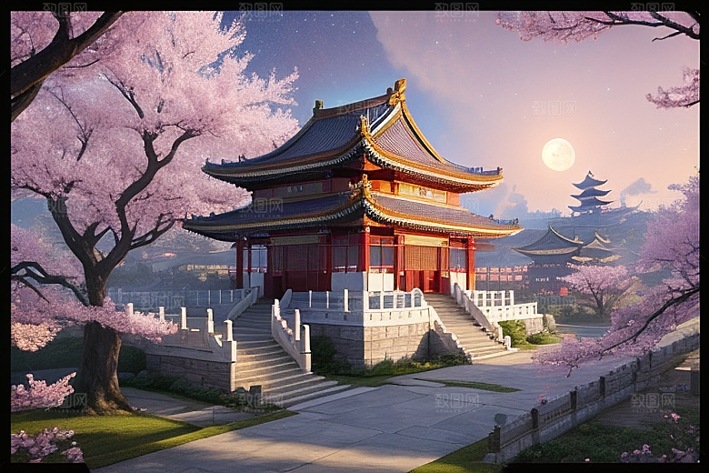 神话仙境绽放的桃花在明亮世界