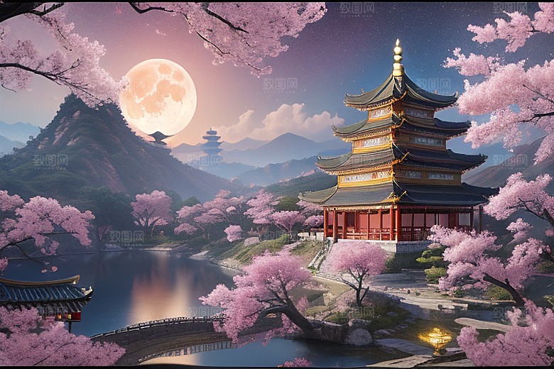 神话仙境绽放的桃花在明亮世界