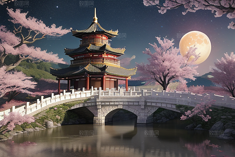 神话仙境绽放的桃花在明亮世界