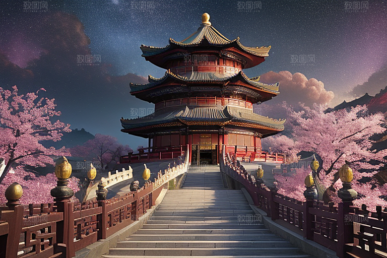 神话仙境绽放的桃花在明亮世界