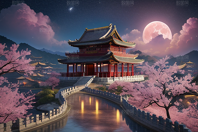 神话仙境绽放的桃花在明亮世界
