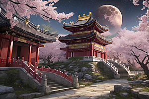 神话仙境绽放的桃花在明亮世界