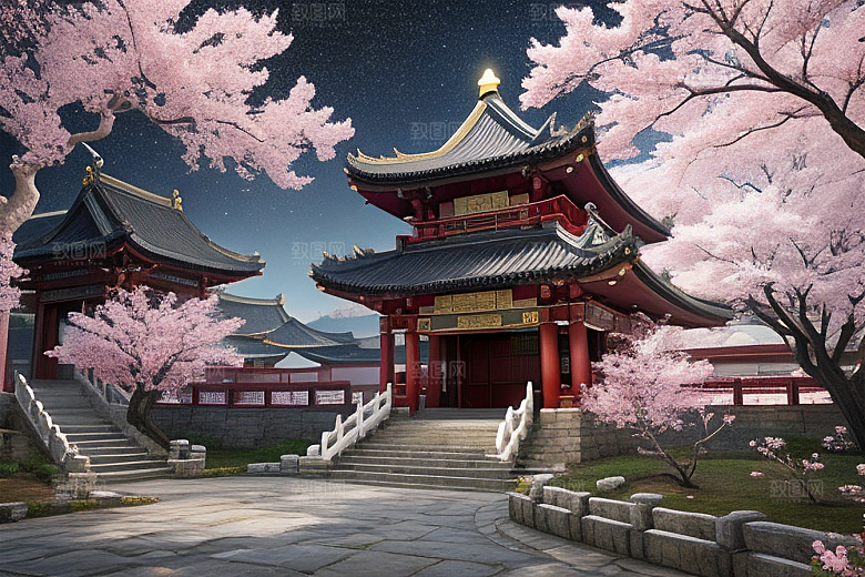 神话仙境绽放的桃花在明亮世界