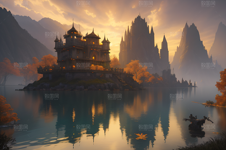 金秋夜晚湖泊上的仙境宫殿