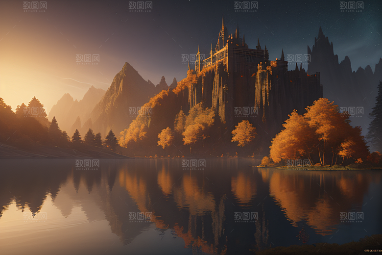 金秋夜晚湖泊上的仙境宫殿