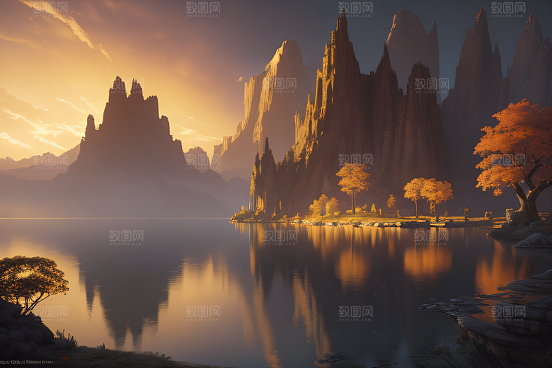 金秋夜晚湖泊上的仙境宫殿