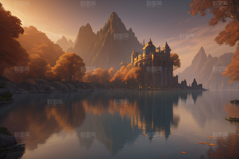 金秋夜晚湖泊上的仙境宫殿
