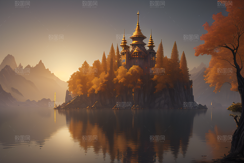 金秋夜晚湖泊上的仙境宫殿