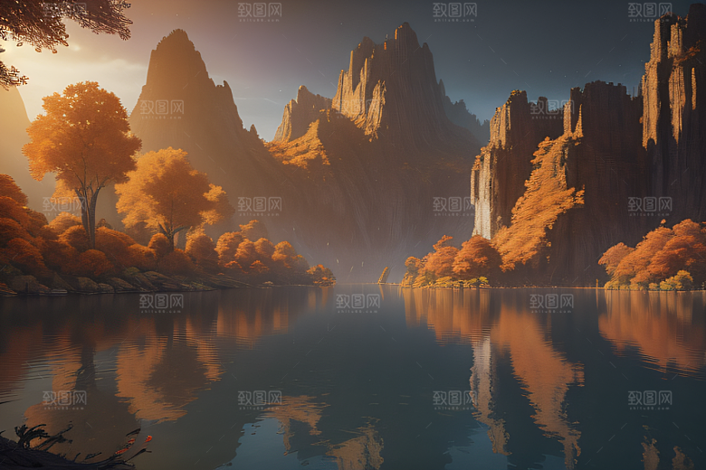 金秋夜晚湖泊上的仙境宫殿