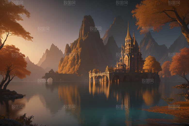 金秋夜晚湖泊上的仙境宫殿