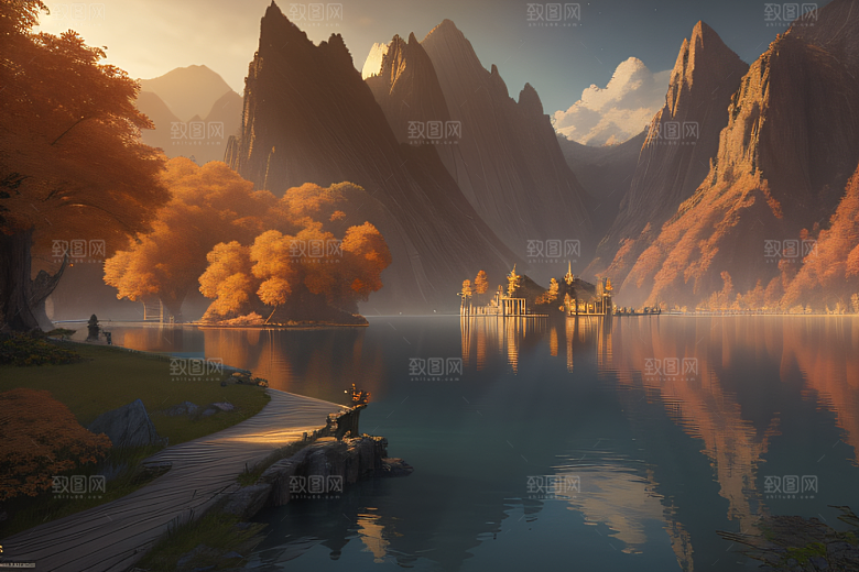 金秋夜晚湖泊上的仙境宫殿