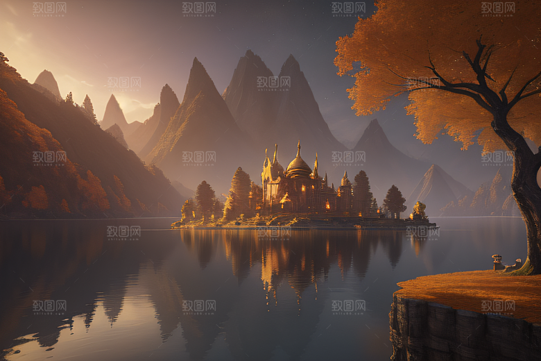 金秋夜晚的壮丽宫殿景观