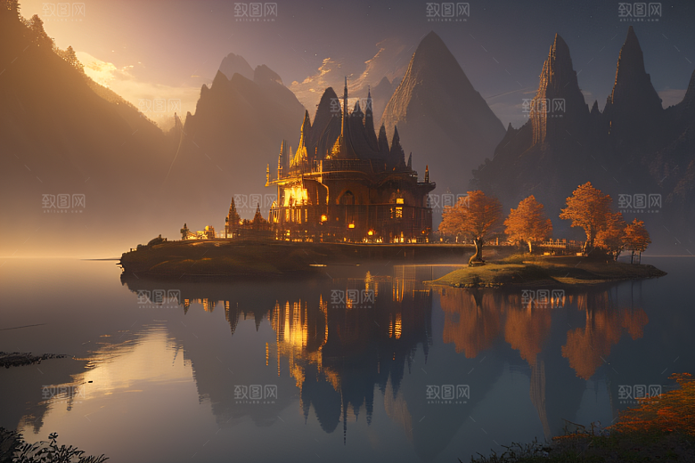 金秋夜晚的壮丽宫殿景观