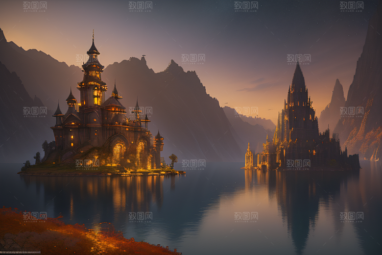 金秋夜晚的壮丽宫殿景观