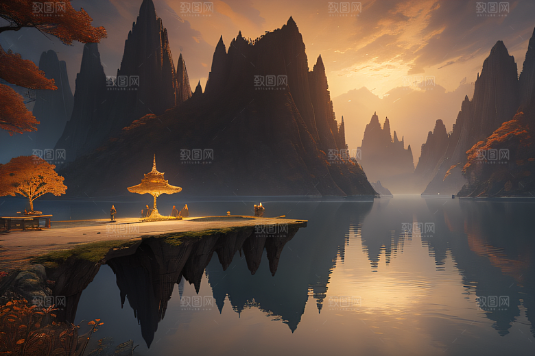 金秋夜晚的壮丽宫殿景观