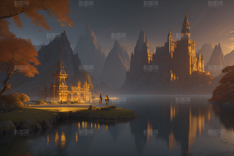 金秋夜晚的仙境宫殿景观