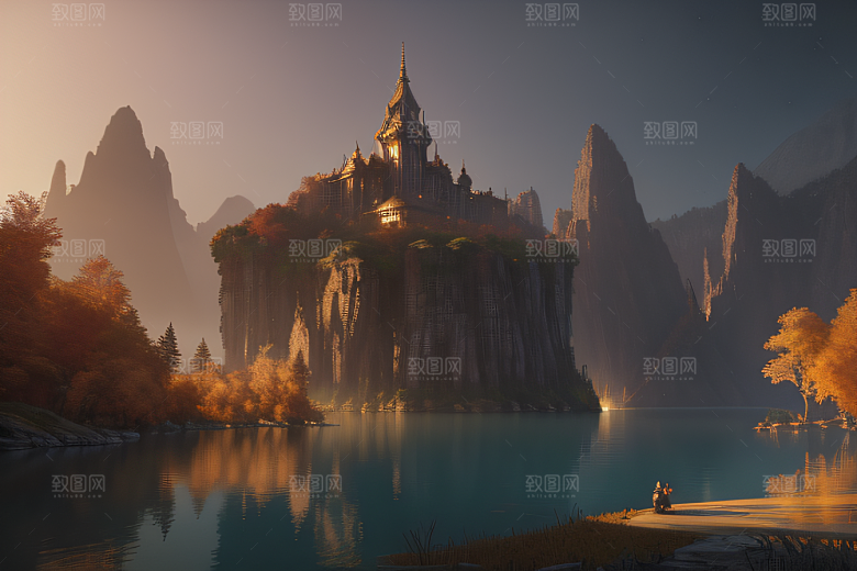 金秋夜晚的仙境宫殿景观