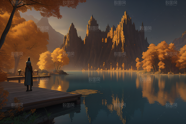 金秋夜晚的仙境宫殿景观