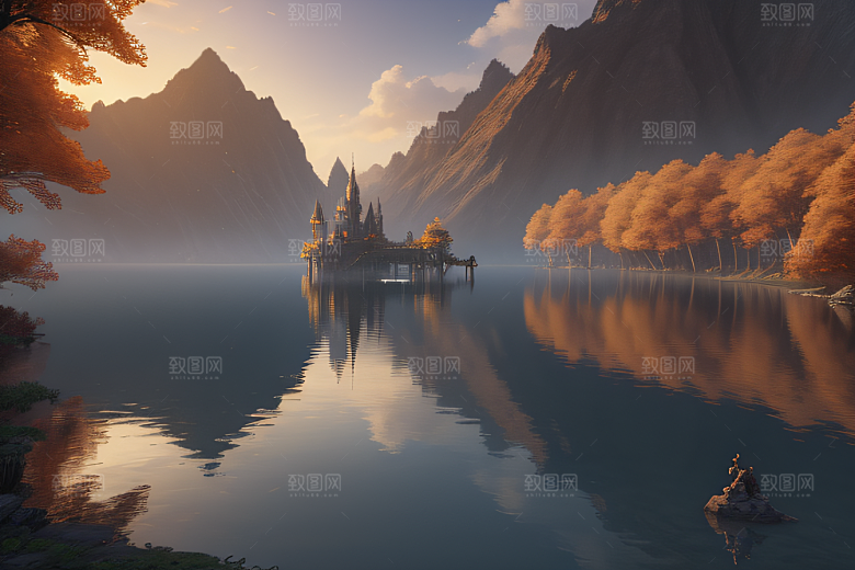 金秋夜晚的仙境宫殿景观