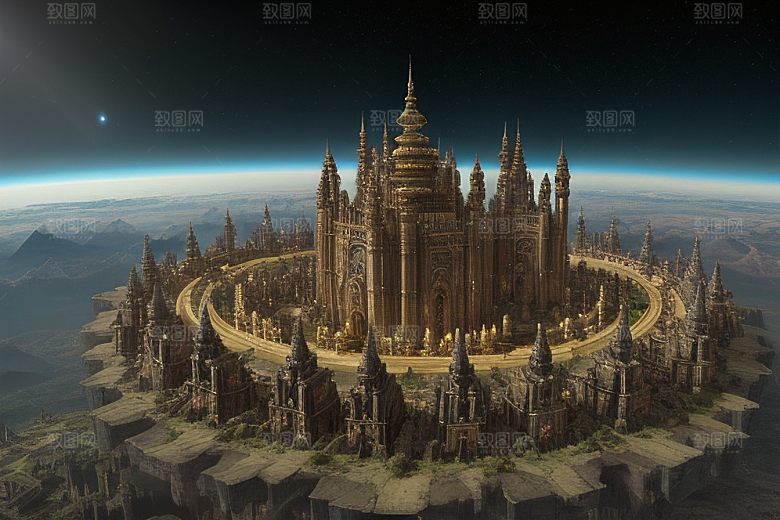 哥特式科幻蜂巢城市的壮丽鸟瞰图