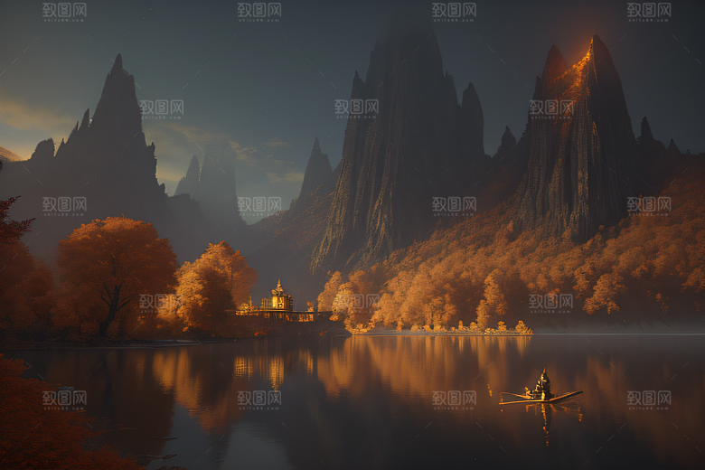 金秋夜晚湖泊上的仙境宫殿