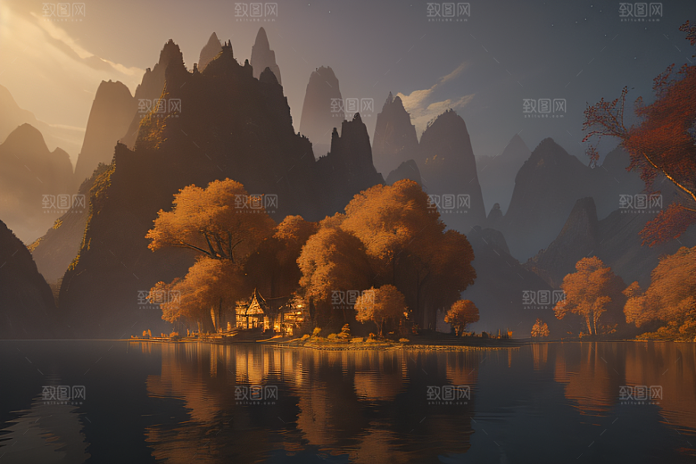 金秋夜晚湖泊上的仙境宫殿