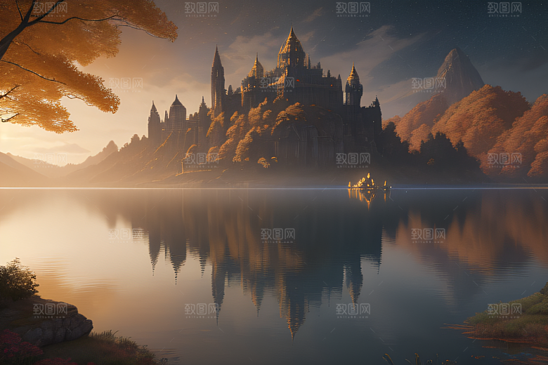 金秋夜晚湖泊上的仙境宫殿