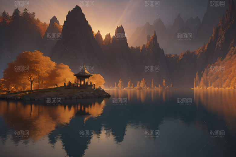 金秋夜晚湖泊上的仙境宫殿