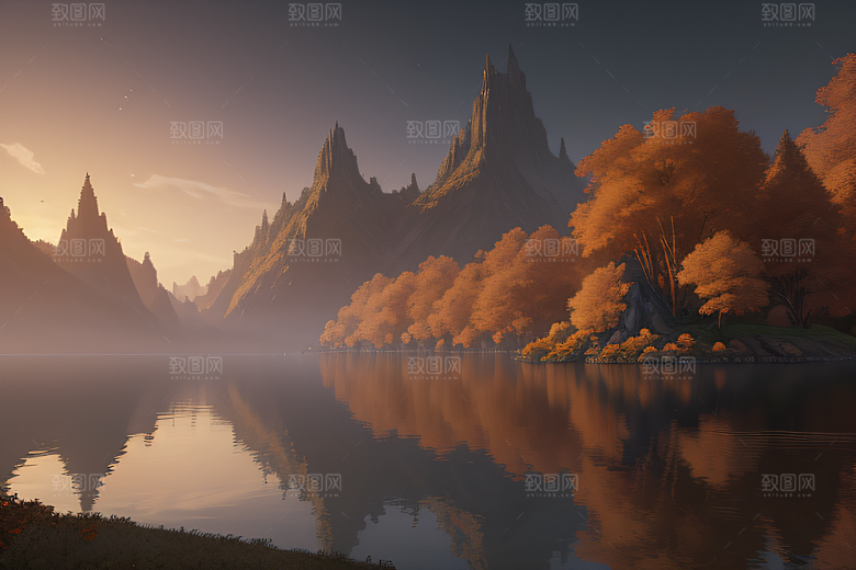 金秋夜晚湖泊上的仙境宫殿