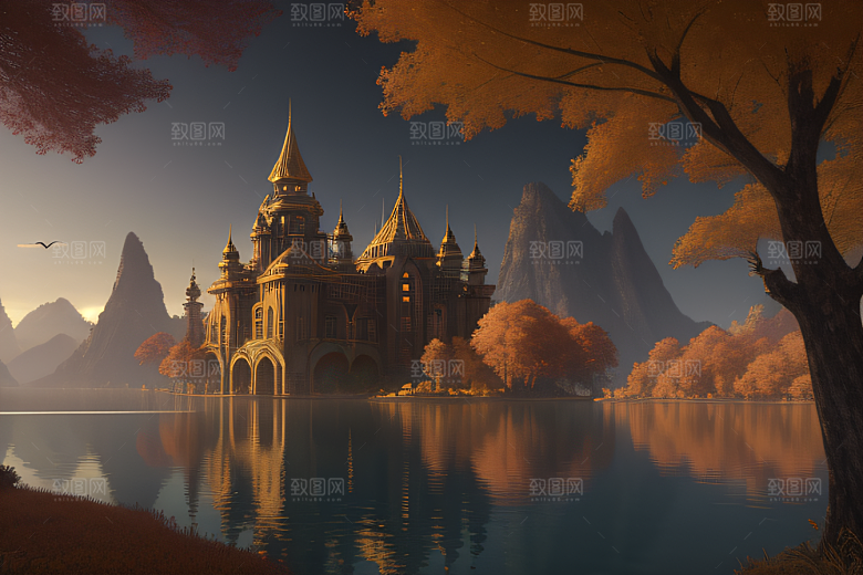 金秋夜晚湖泊上的仙境宫殿