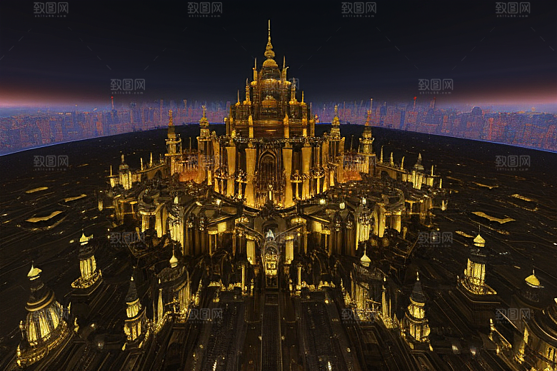 空中全景展示的奢华哥特式科幻蜂巢城市