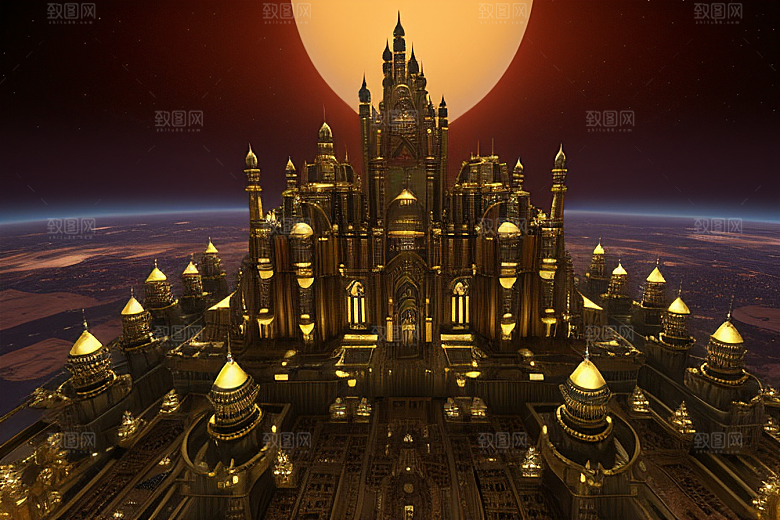 空中全景展示的奢华哥特式科幻蜂巢城市