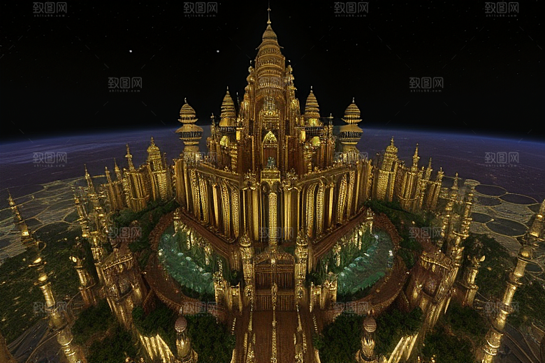 哥特式科幻蜂巢城市的壮观空中景观