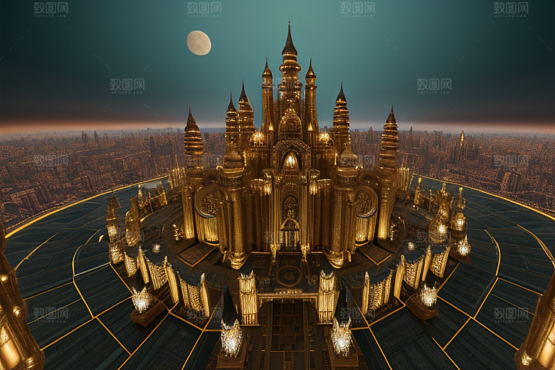 空中视野中的奢华哥特式科幻蜂巢城市