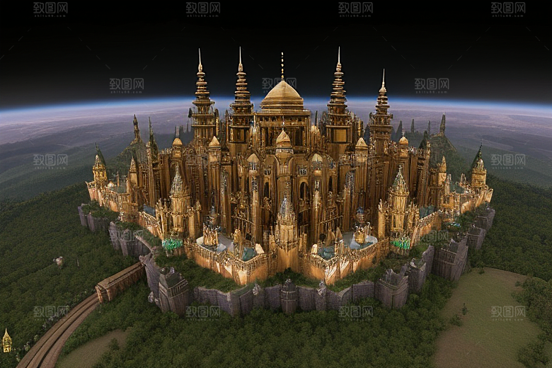 多座宫殿堡垒层层叠叠的空中全景